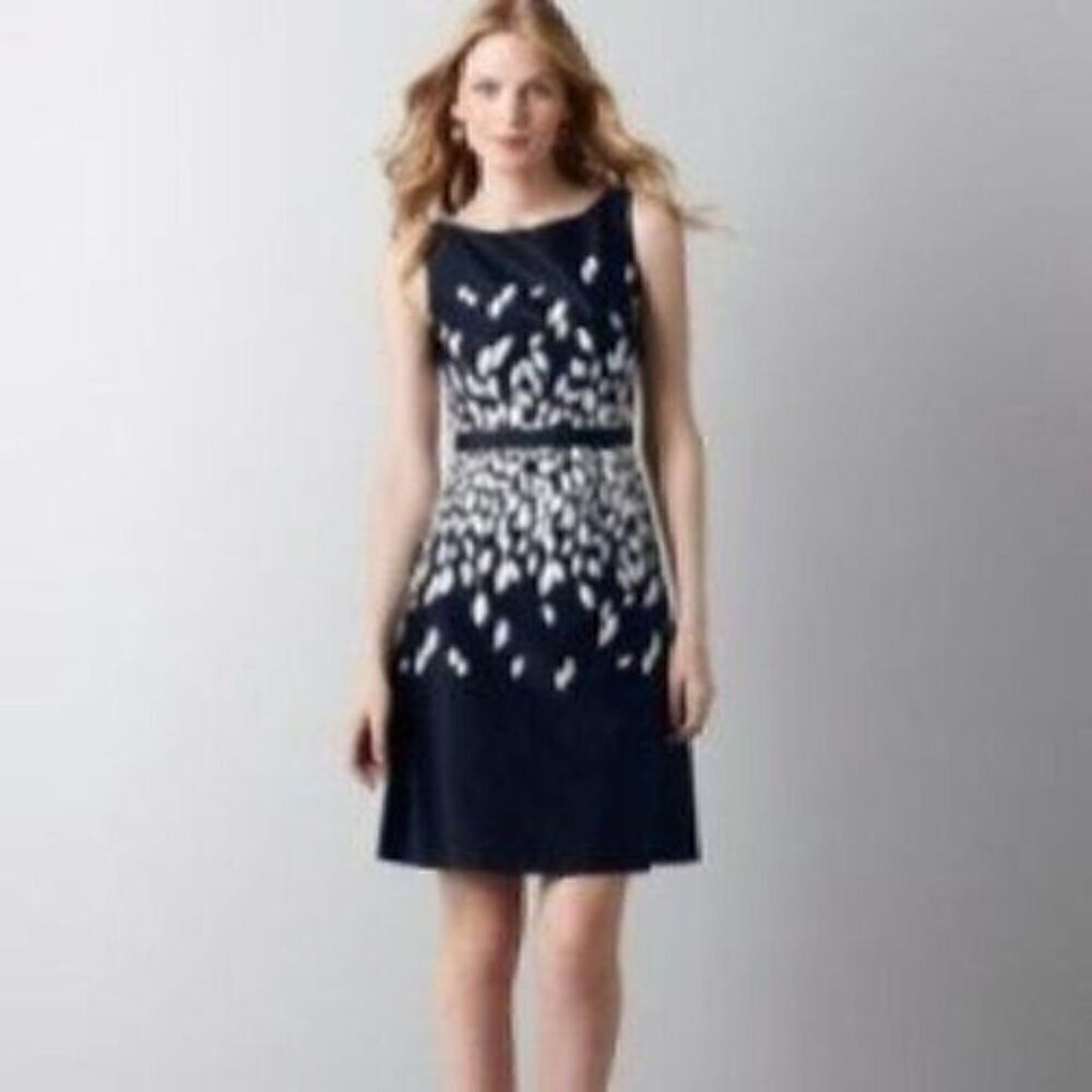 Loft preppy navy blue falling leaves a-line dress